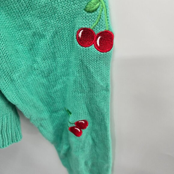 Sweet & Sinful Green Red Cherry Embroidery V-Neck Button Front Cardigan Large - Picture 6 of 14